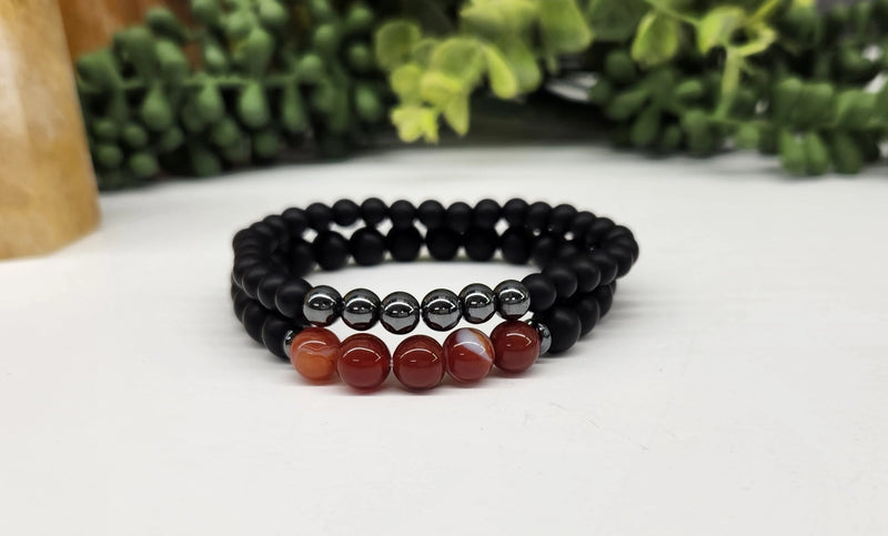 Carnelian, Matte Black Obsidian, Hematite Power / Prayer Bracelet, 2 Bracelet Set FB1908 🩷