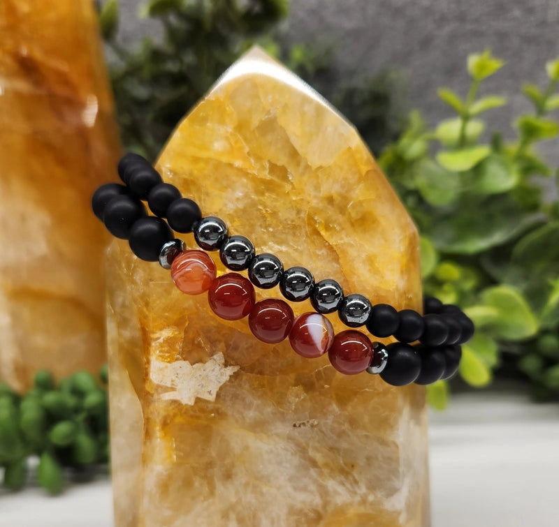 Carnelian, Matte Black Obsidian, Hematite Power / Prayer Bracelet, 2 Bracelet Set FB1908 🩷