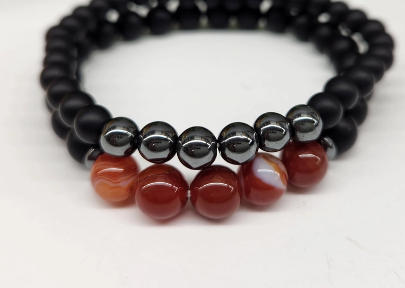 Carnelian, Matte Black Obsidian, Hematite Power / Prayer Bracelet, 2 Bracelet Set FB1908 🩷