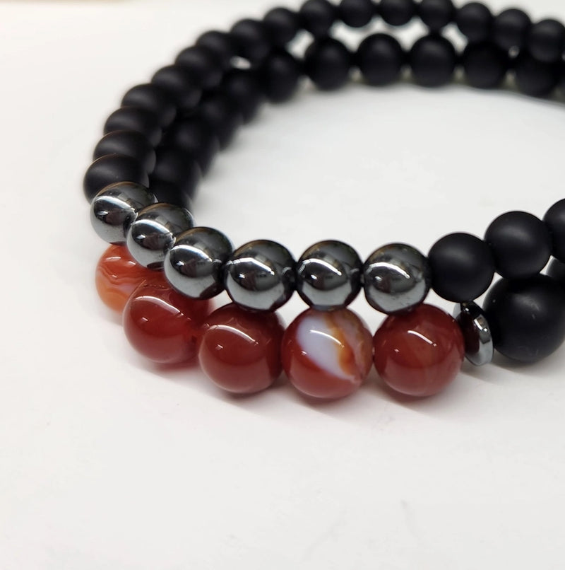 Carnelian, Matte Black Obsidian, Hematite Power / Prayer Bracelet, 2 Bracelet Set FB1908 🩷