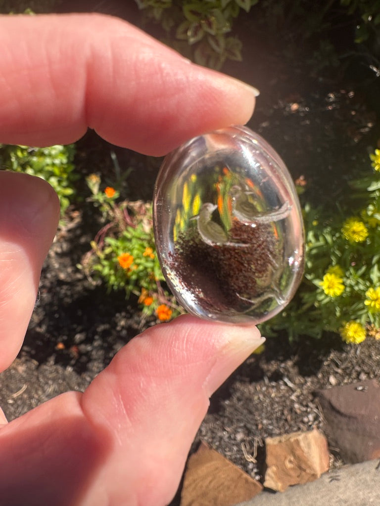 Included Clear Quartz, Unique Oval Small Hand Pebble, Carved Birds, FB1938