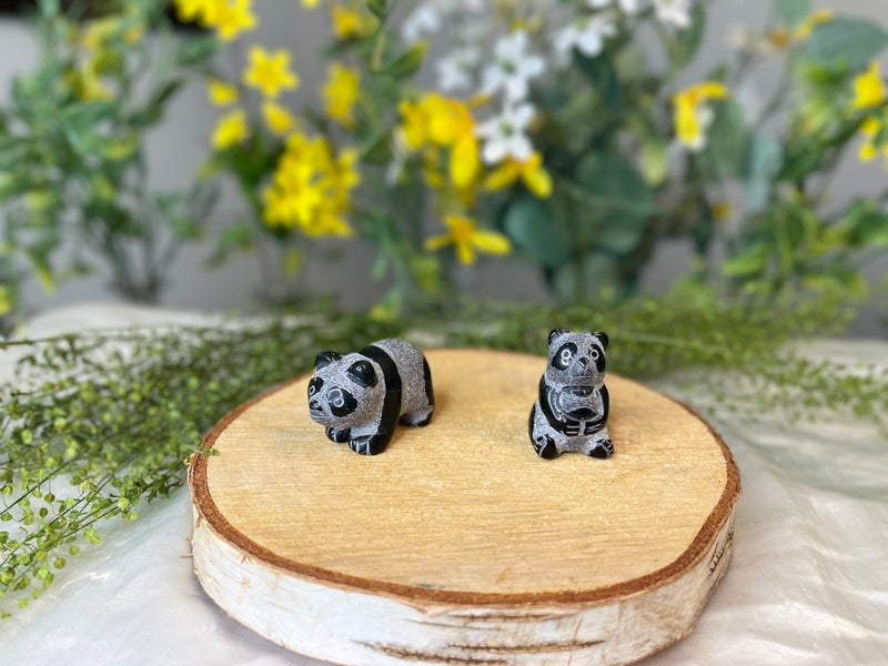 Panda Bear PAIR Spirit Stone Animal Carved from Black Obsidian FB3170 🐼