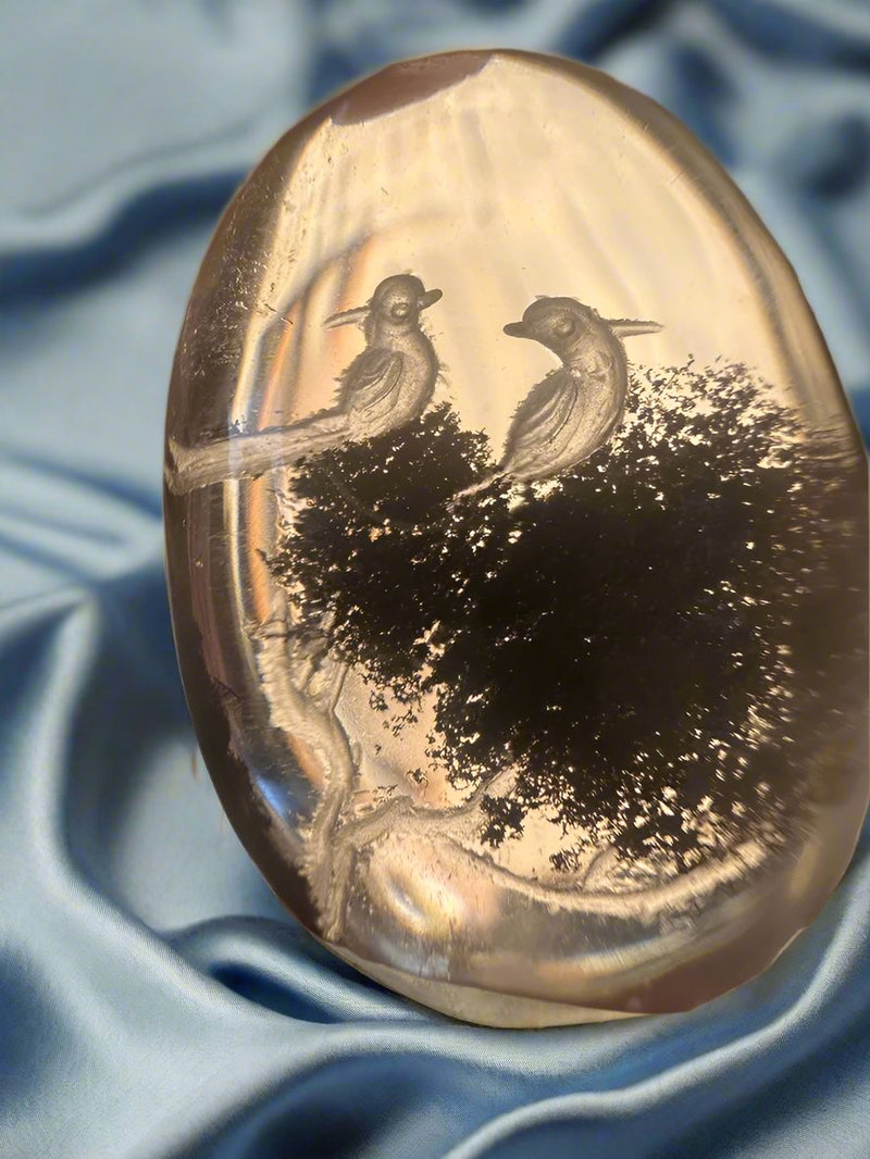 Included Clear Quartz, Unique Oval Small Hand Pebble, Carved Birds, FB1938