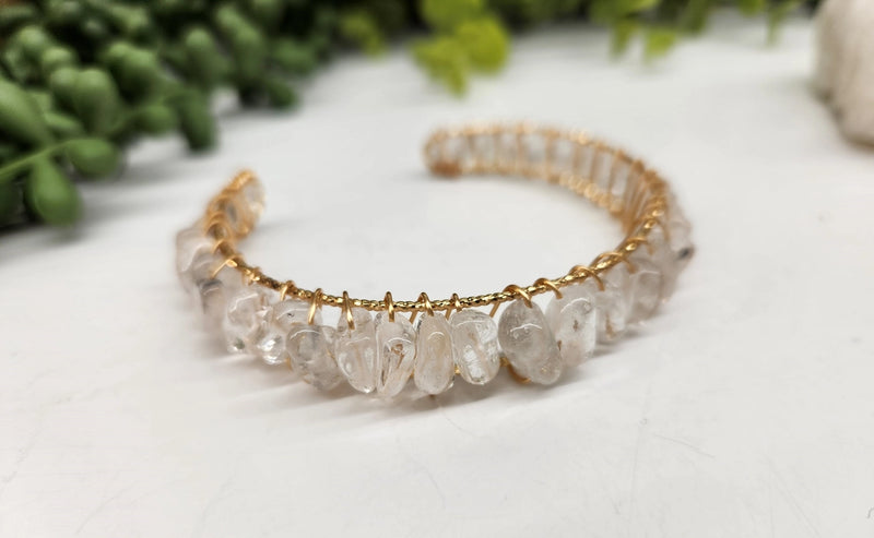 Clear Quartz Polished Beads, White or Yellow Gold Overlay  Cuff / Bangle Bracelet  FB3430