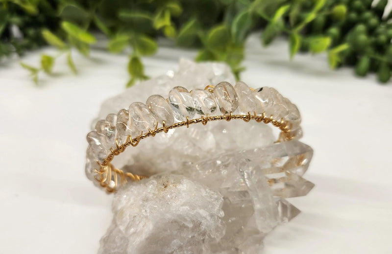 Clear Quartz Polished Beads, White or Yellow Gold Overlay  Cuff / Bangle Bracelet  FB3430