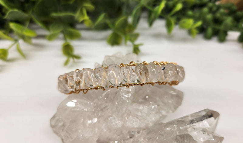 Clear Quartz Polished Beads, White or Yellow Gold Overlay  Cuff / Bangle Bracelet  FB3430