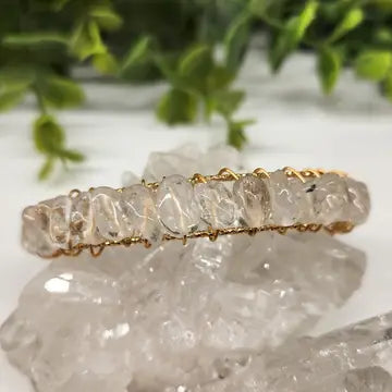 Clear Quartz Polished Beads, White or Yellow Gold Overlay  Cuff / Bangle Bracelet  FB3430