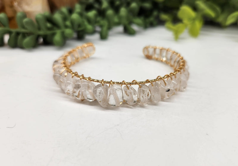 Clear Quartz Polished Beads, White or Yellow Gold Overlay  Cuff / Bangle Bracelet  FB3430