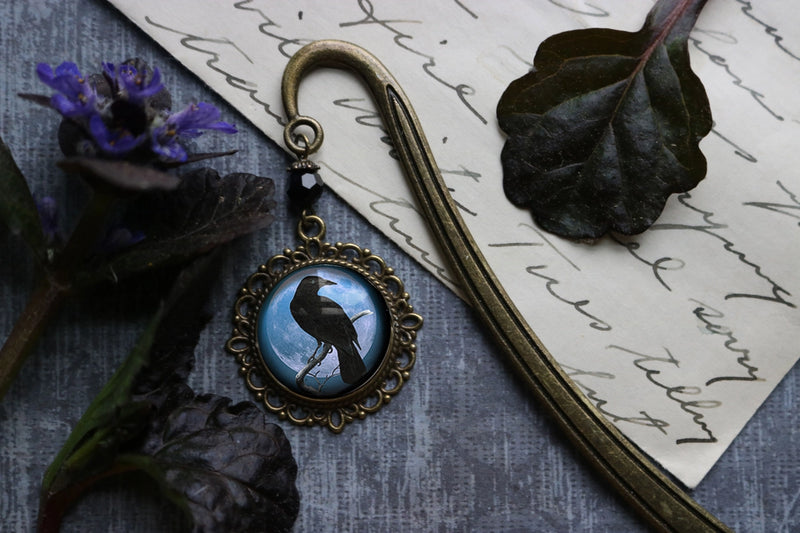 Book Hook, Bronze with Raven & Blue Glass Cabochon FB2858 ✨ ✨