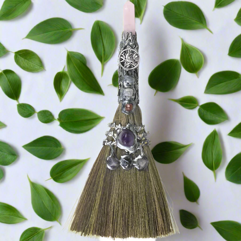 Rose Quartz Top Broom / Besom with Raven Charm FB3175 🧹