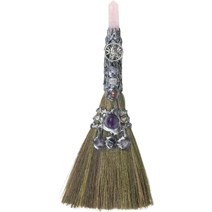 Rose Quartz Top Broom / Besom with Raven Charm FB3175 🧹