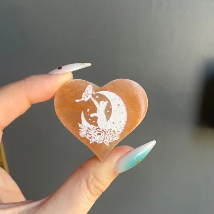 Selenite Heart with Etched Cat on a Crescent Moon from Morocco FB3407