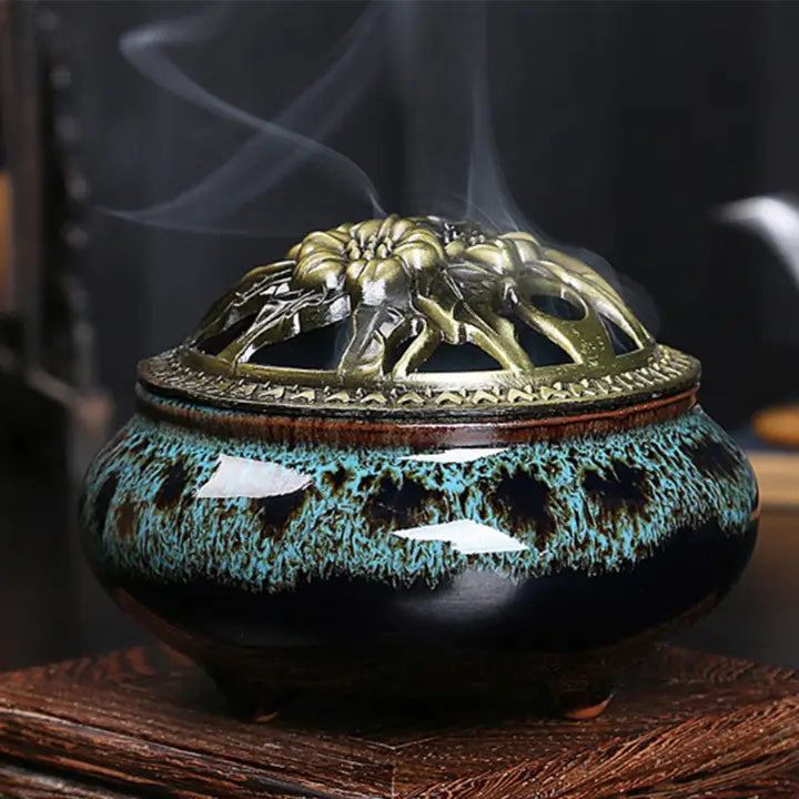 Blue & Black Ceramic Cone Incense Burner Bowl with Brass Lid FB2610