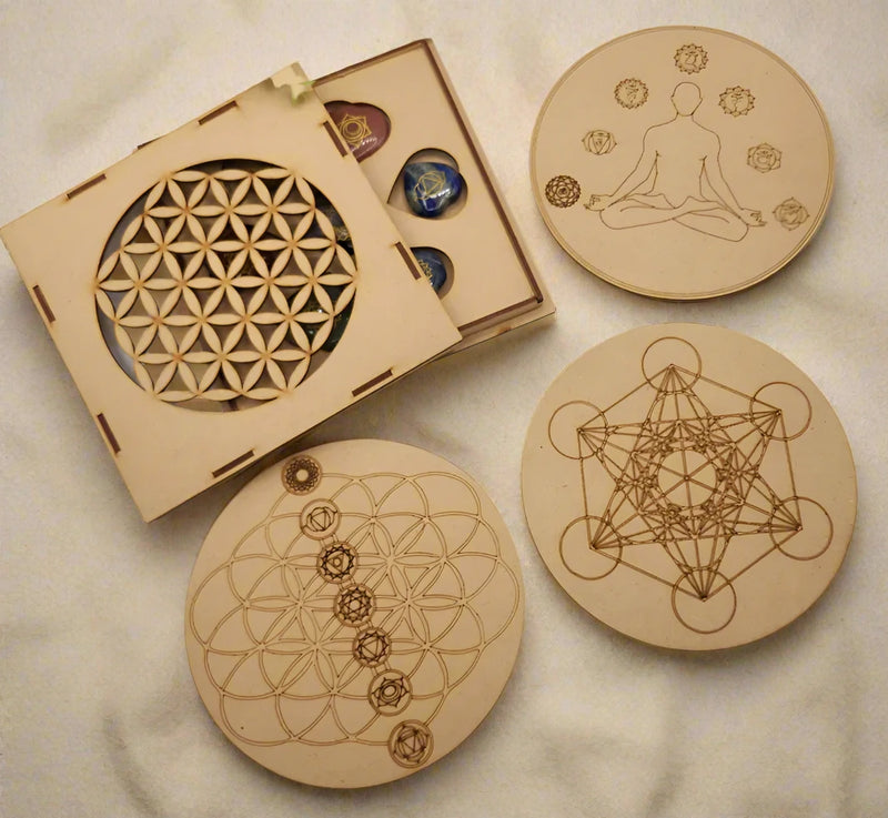 Chakra Carved Heart Wood Box Flower of Life, or Oval Palm Stone Symbol Collection FB2501 💙