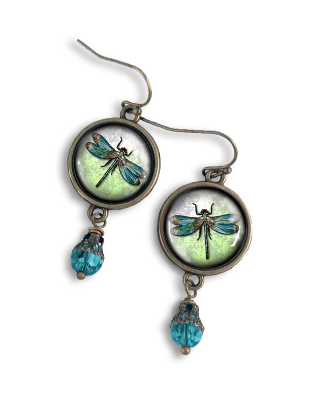 Dragonfly Green Glass Cabochon Dangle Earrings FB2387