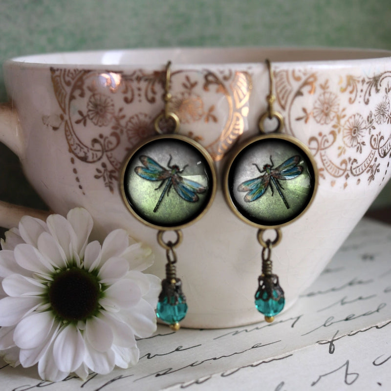 Dragonfly Green Glass Cabochon Dangle Earrings FB2387