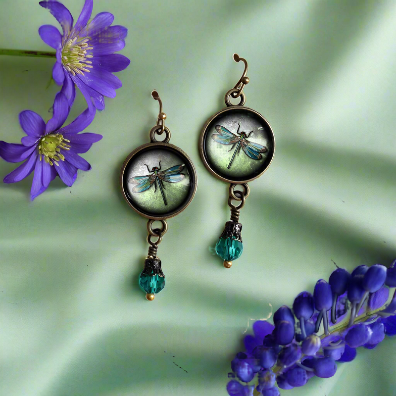 Dragonfly Green Glass Cabochon Dangle Earrings FB2387