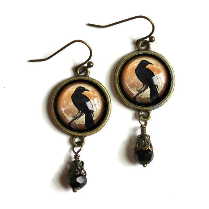 Raven / Crow Orange Glass Cabochon Dangle Earrings FB2697 🐈‍⬛