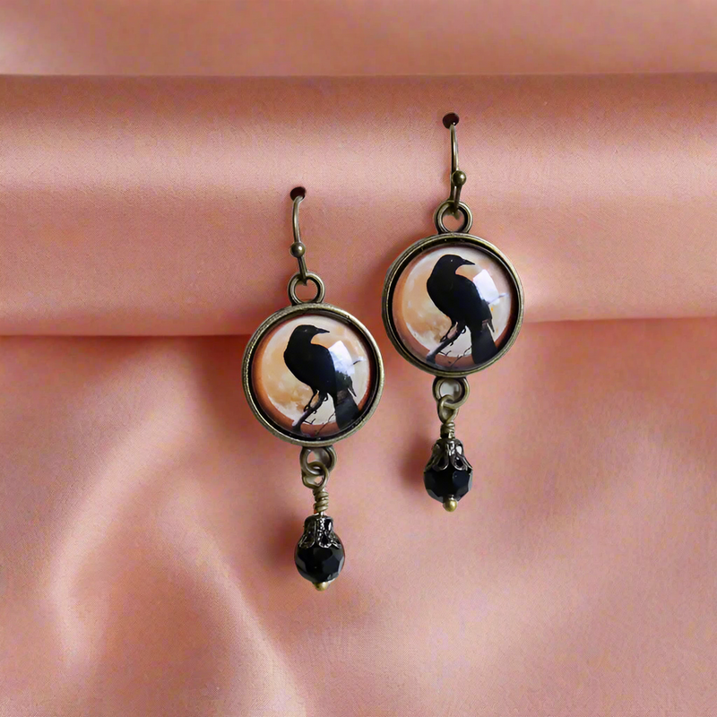 Raven / Crow Orange Glass Cabochon Dangle Earrings FB2697 🐈‍⬛