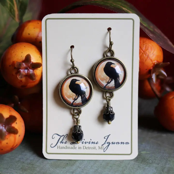 Raven / Crow Orange Glass Cabochon Dangle Earrings FB2697 🐈‍⬛