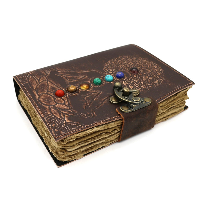 Handcrafted Leather Journal with embossed Chakra gemstones with fancy metal clasp FB3436