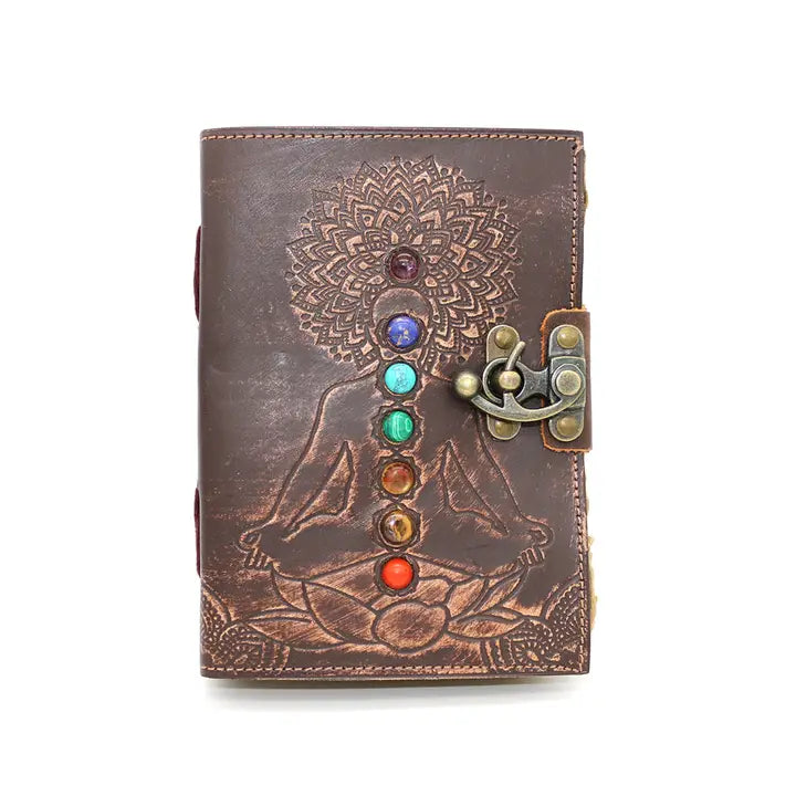 Handcrafted Leather Journal with embossed Chakra gemstones with fancy metal clasp FB3436