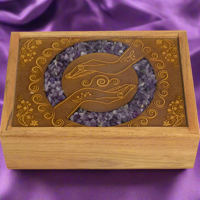 Wood Box, Velvet Lined, Laser Etched with Healing Hands and with Amethyst Inlay FB3001 🪷