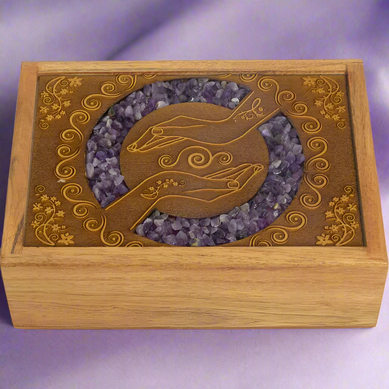 Wood Box, Velvet Lined, Laser Etched with Healing Hands and with Amethyst Inlay FB3001 🪷