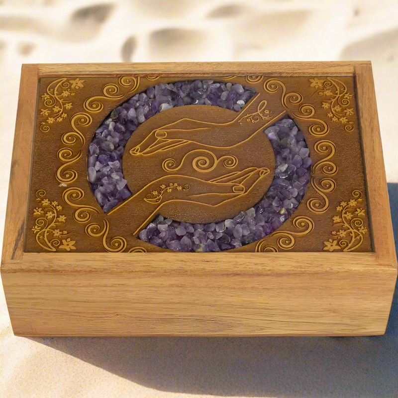 Wood Box, Velvet Lined, Laser Etched with Healing Hands and with Amethyst Inlay FB3001 🪷