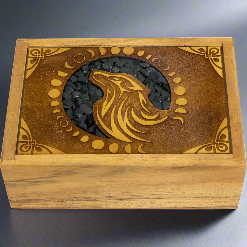 Wood Box, Velvet Lined, Laser Etched with Wolf and Black Onyx Inlay FB3079 🐺