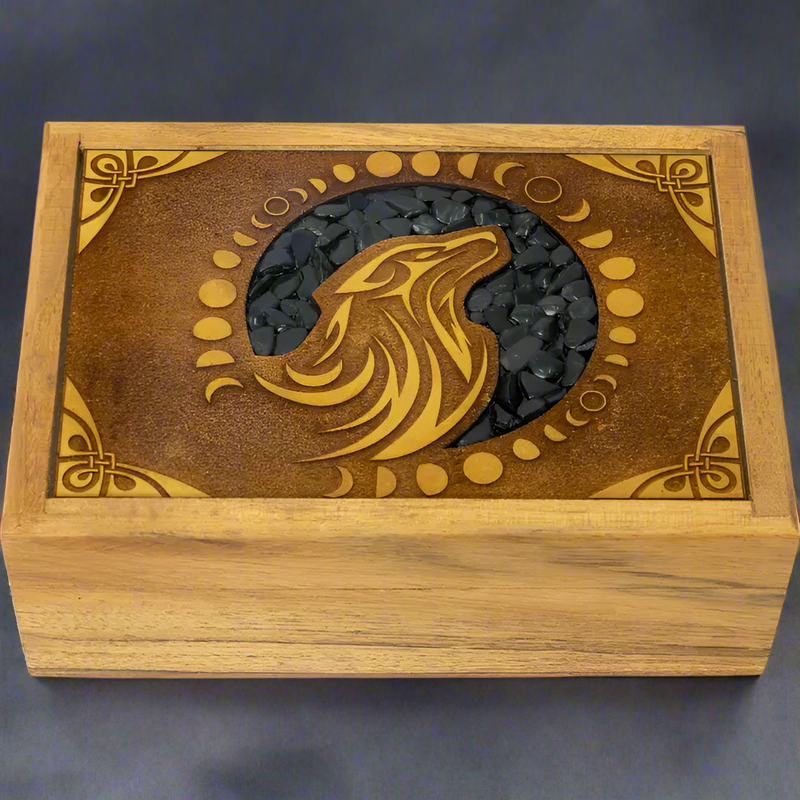 Wood Box, Velvet Lined, Laser Etched with Wolf and Black Onyx Inlay FB3079 🐺