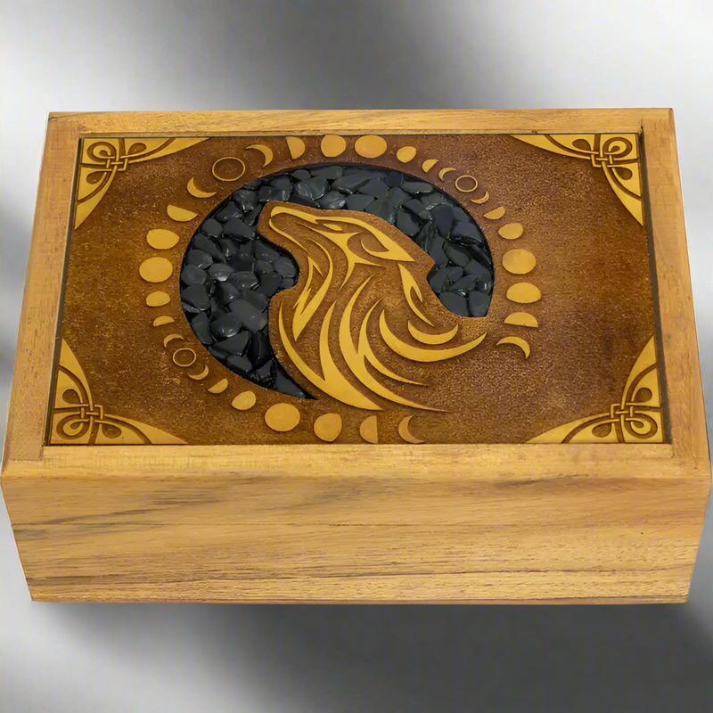 Wood Box, Velvet Lined, Laser Etched with Wolf and Black Onyx Inlay FB3079 🐺