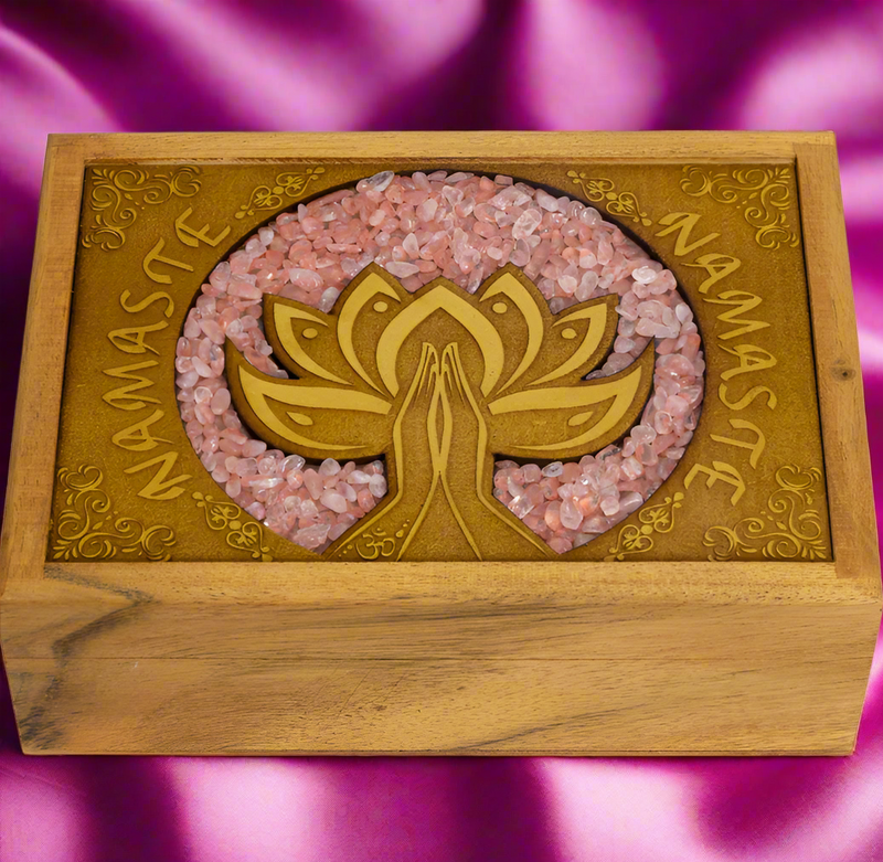 Wood Box, Velvet Lined, Laser Etched with Namaste and with Rose Quartz Inlay FB3237