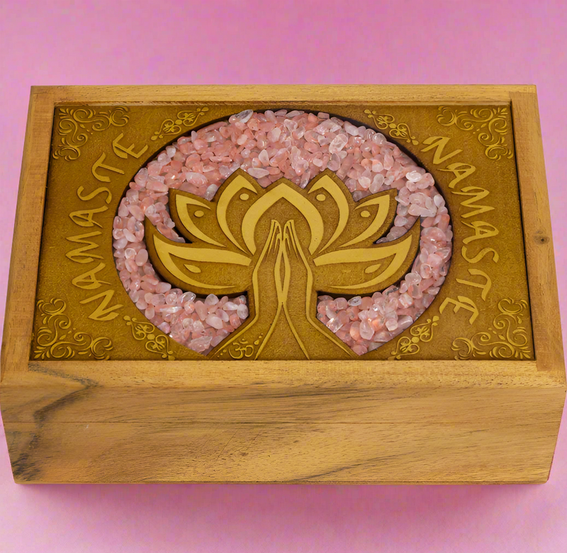 Wood Box, Velvet Lined, Laser Etched with Namaste and with Rose Quartz Inlay FB3237