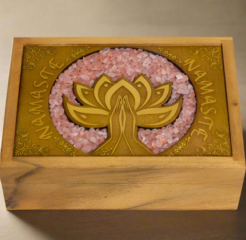 Wood Box, Velvet Lined, Laser Etched with Namaste and with Rose Quartz Inlay FB3237