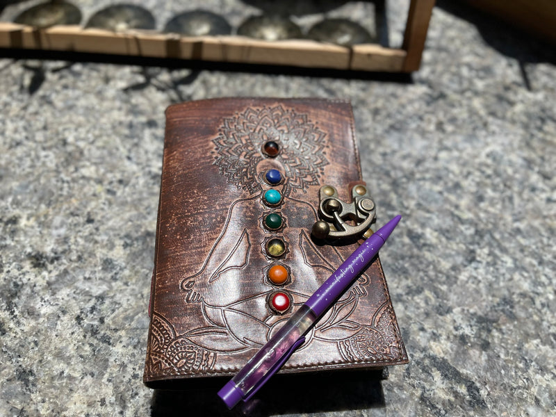 Handcrafted Leather Journal with embossed Chakra gemstones with fancy metal clasp FB3436