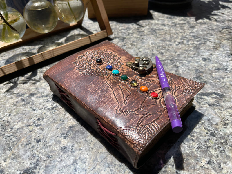 Handcrafted Leather Journal with embossed Chakra gemstones with fancy metal clasp FB3436