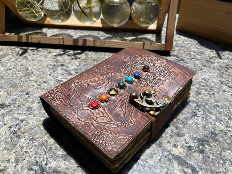 Handcrafted Leather Journal with embossed Chakra gemstones with fancy metal clasp FB3436