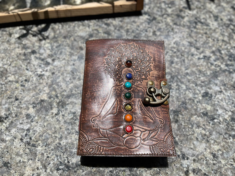 Handcrafted Leather Journal with embossed Chakra gemstones with fancy metal clasp FB3436