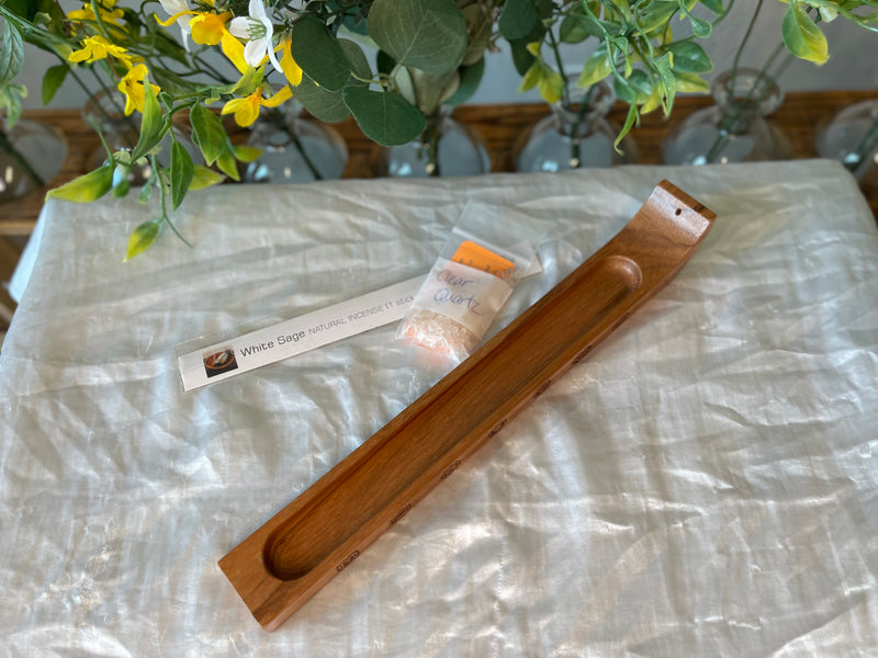 Handcrafted Wood Wide Incense Stick Holder (gemstone chips, incense sample), Display Piece; FB2590