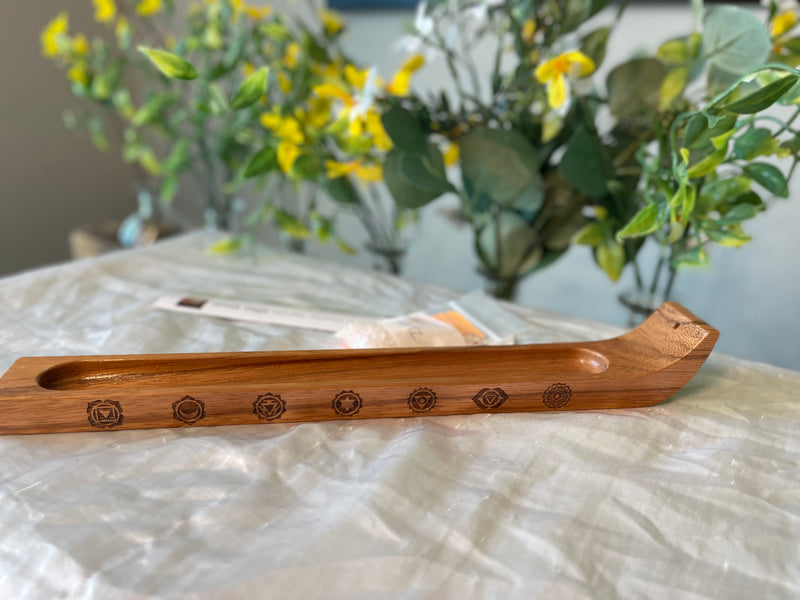 Handcrafted Wood Wide Incense Stick Holder (gemstone chips, incense sample), Display Piece; FB2590