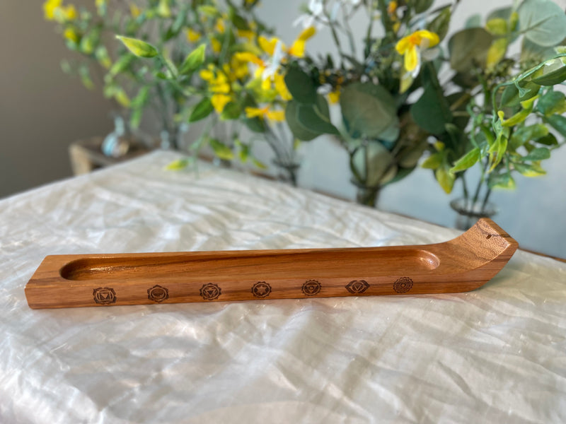 Handcrafted Wood Wide Incense Stick Holder (gemstone chips, incense sample), Display Piece; FB2590