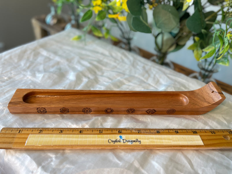 Handcrafted Wood Wide Incense Stick Holder (gemstone chips, incense sample), Display Piece; FB2590