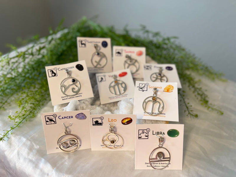 Sterling Silver Handcrafted Zodiac Pendants with Gemstones, Gift Box and Description Card; FB1084