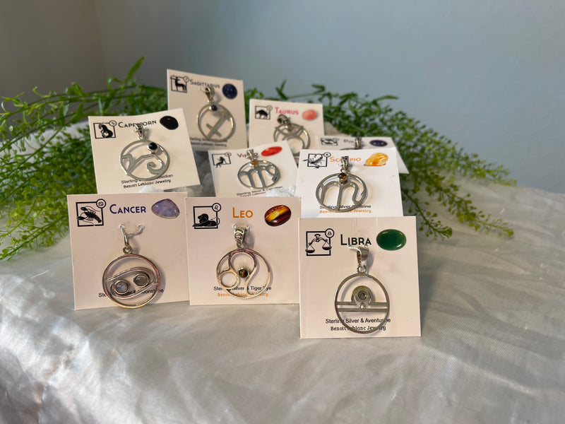 Sterling Silver Handcrafted Zodiac Pendants with Gemstones, Gift Box and Description Card; FB1084