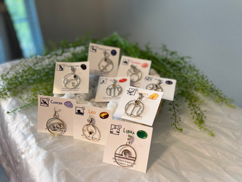 Sterling Silver Handcrafted Zodiac Pendants with Gemstones, Gift Box and Description Card; FB1084