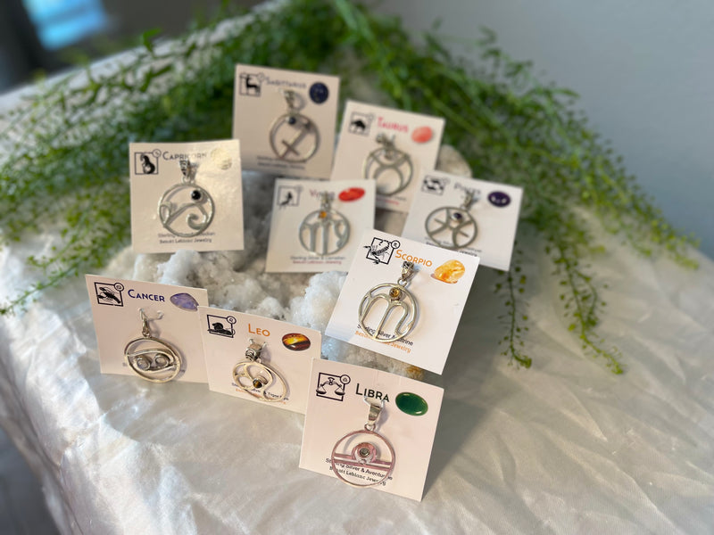 Sterling Silver Handcrafted Zodiac Pendants with Gemstones, Gift Box and Description Card; FB1084