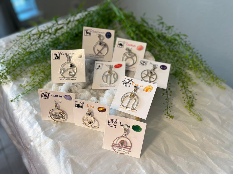 Sterling Silver Handcrafted Zodiac Pendants with Gemstones, Gift Box and Description Card; FB1084