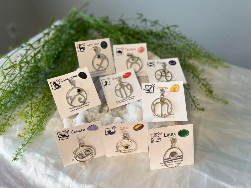 Sterling Silver Handcrafted Zodiac Pendants with Gemstones, Gift Box and Description Card; FB1084