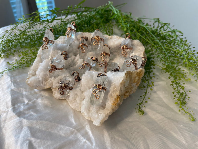 Clear Quartz and Antiqued Copper Pendants